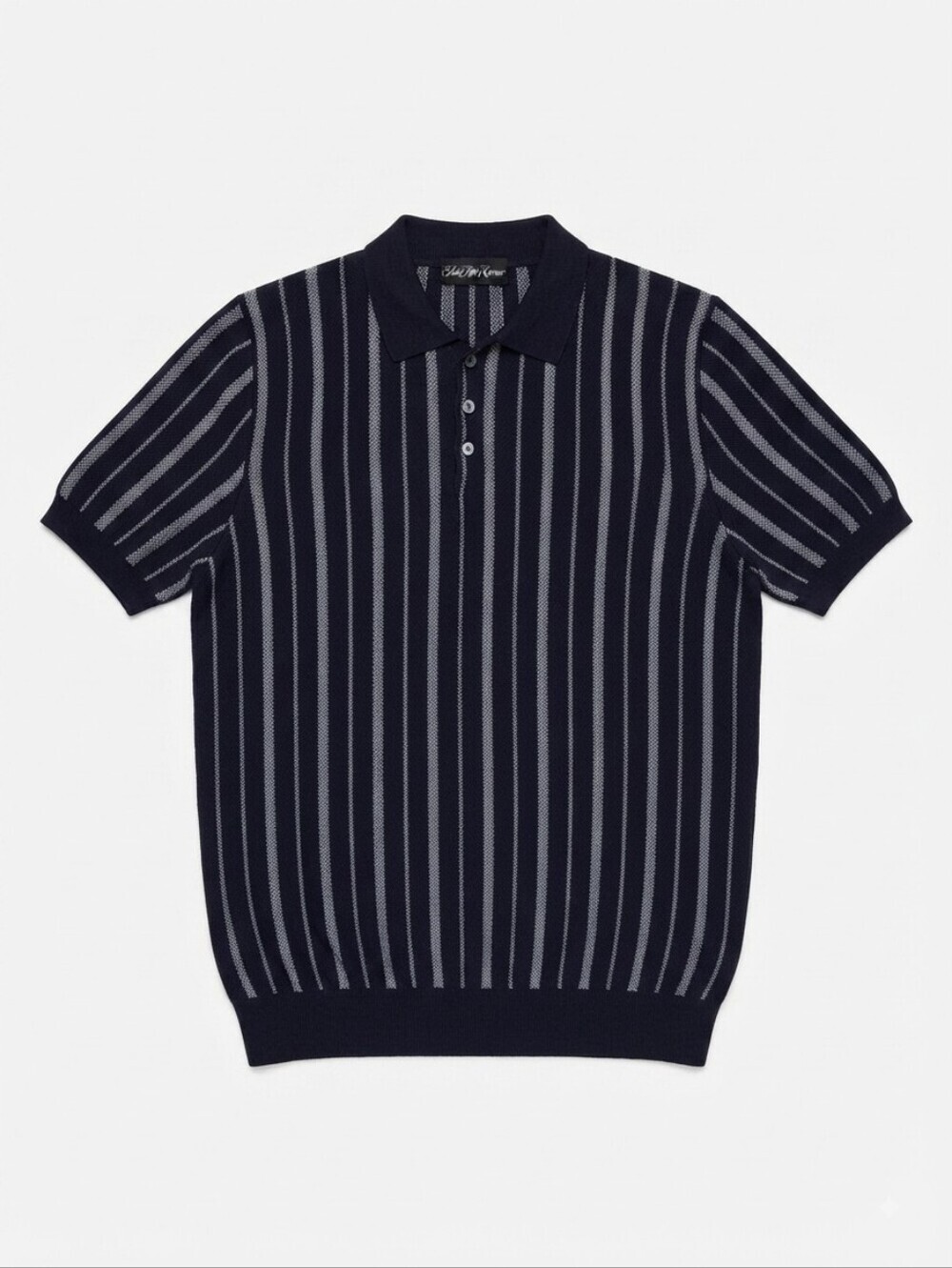 ​Bullock & Jones Vintage Mens Italian Cotton Knit Polo Shirt Navy Blue Striped S
